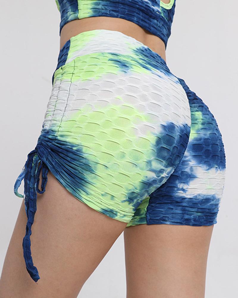 Tie Dye Textured Drawstring Side Butt Lifting High Waist Sports Shorts-Pinkami