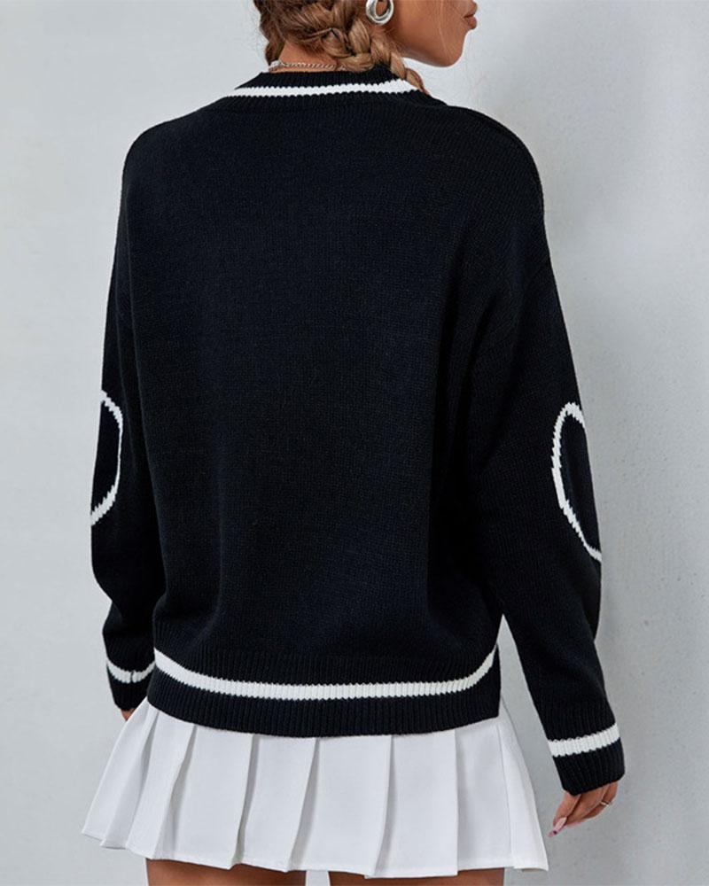Skull Print Contrast Binding Drop Shoulder Sweater-Pinkami