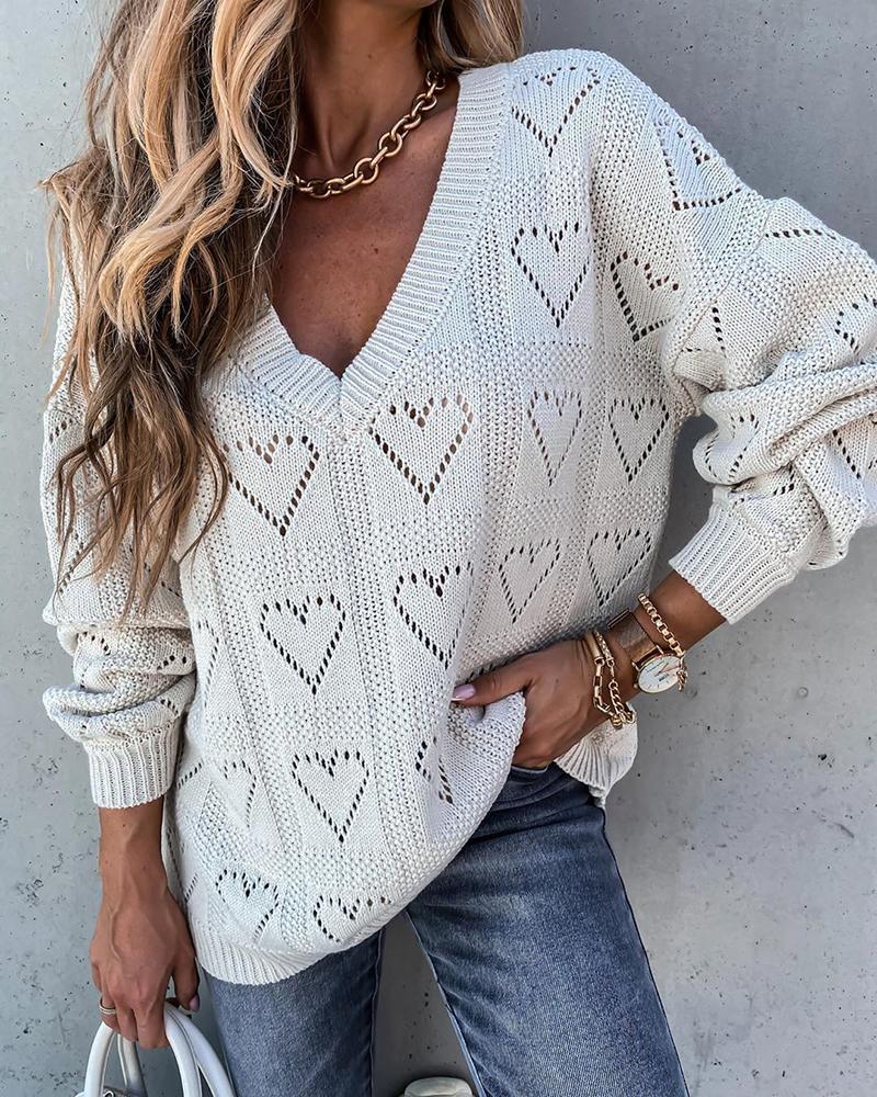 Solid Hollow Out V Neck Sweater-Pinkami