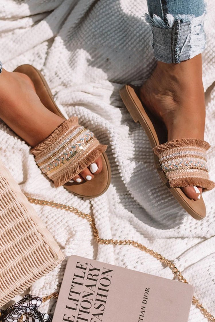 Fringe Folk Woven Flat Slide Sandals-Pinkami
