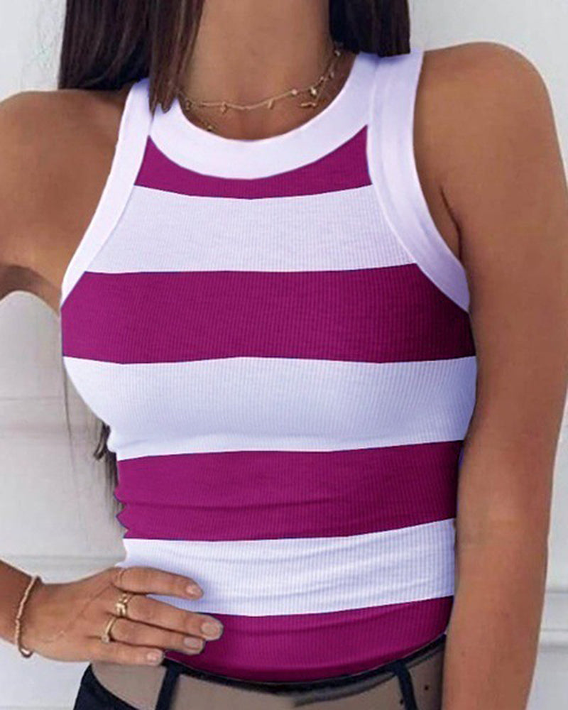 Striped Pattern Sleeveless Ribbed Tank Top-Pinkami