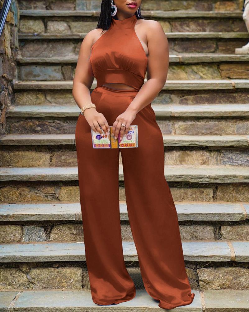 Solid Halter Crop Top & Wide Leg Pants Set-Pinkami