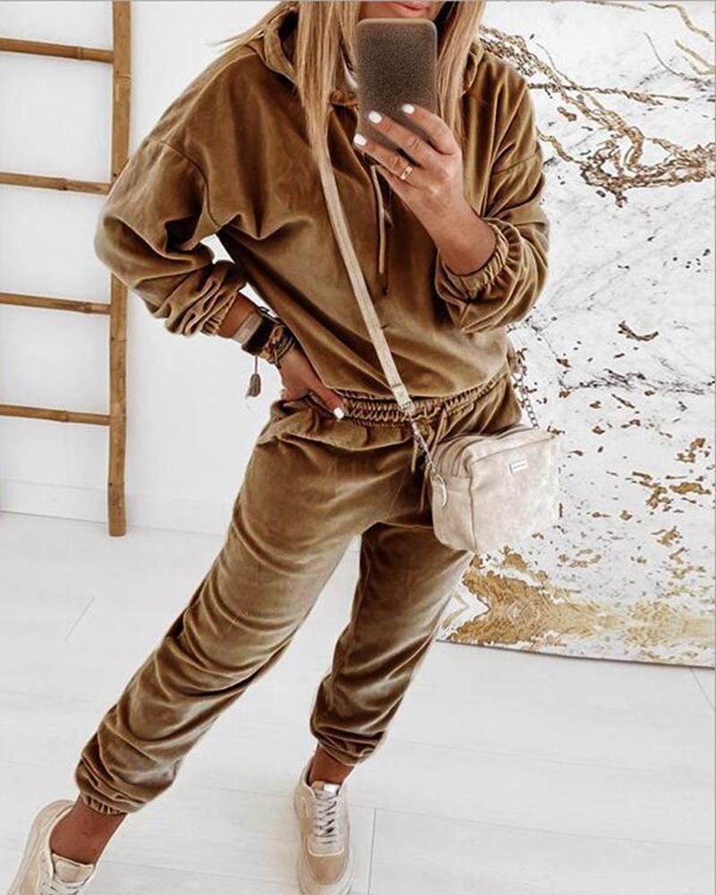 Solid Velvet Drawstring Detail Hoodie & Pants Set-Pinkami