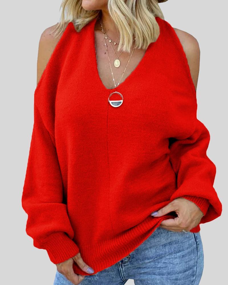 Solid Cold Shoulder Rib Knit Sweater-Pinkami
