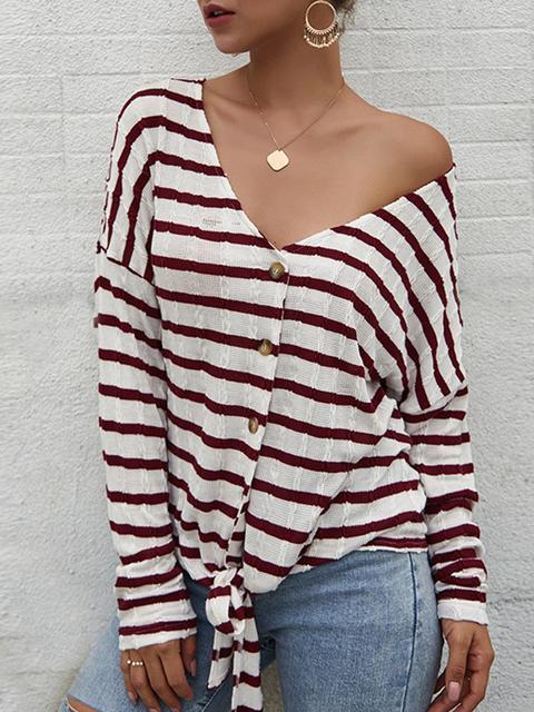 Striped Pattern Button Strap Knit Cardigan-Pinkami