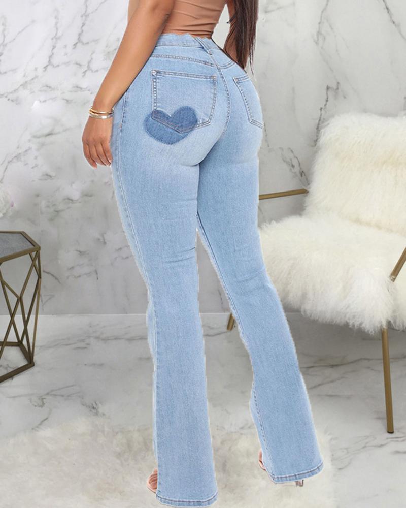Women Heart Pattern Spliced High Waist Flare Jeans-Pinkami