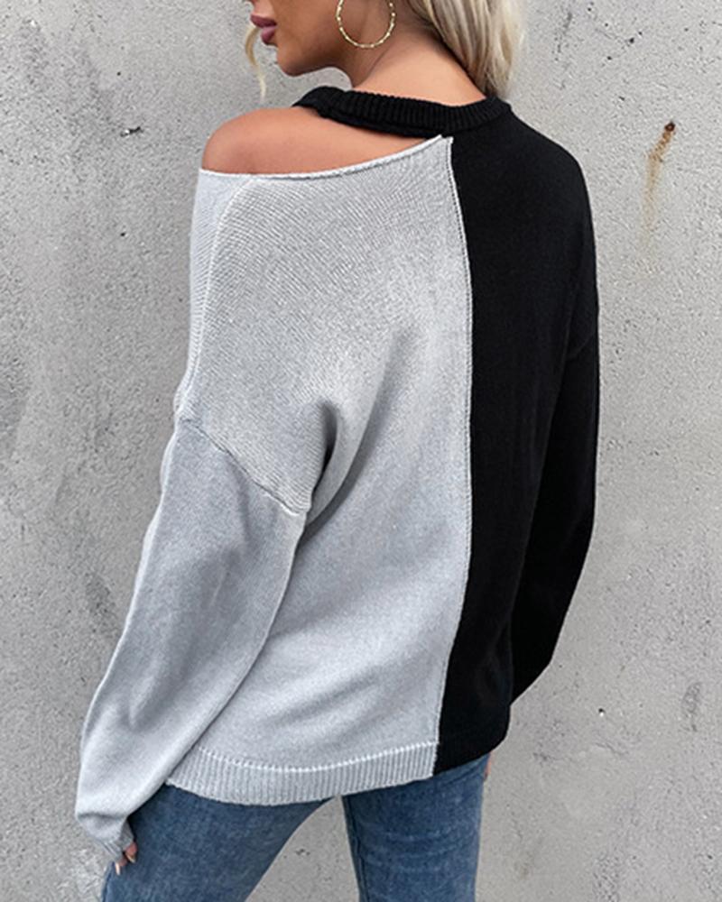 Two-Tone Cutout Rib-Knit Drop Shoulder Sweater-Pinkami