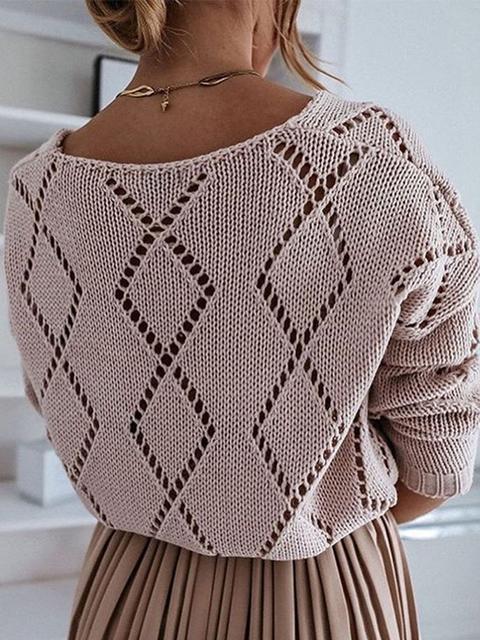 V-neck Rhombus Hollow out Knit Sweater-Pinkami