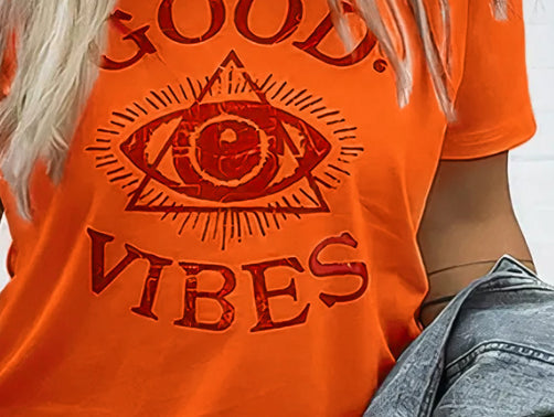 Letter & Eyes Graphic Round Neck T-Shirt-Pinkami