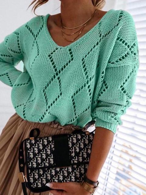 V-neck Rhombus Hollow out Knit Sweater-Pinkami