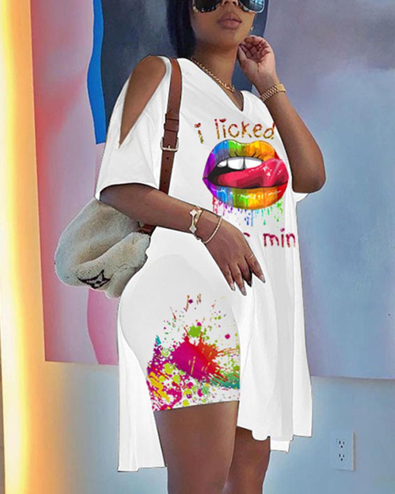 Letter & Graphic Print Split Hem Top & Pants Set