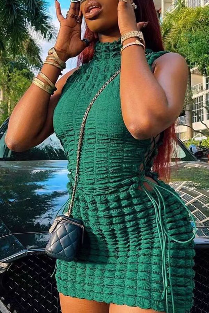 Smocked Lace Up Side Bodycon Dress