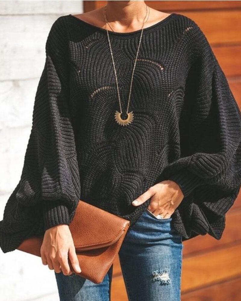 Solid Hollow Out Asymmetrical Hem Boat Neck Sweater-Pinkami