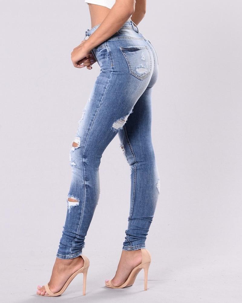 Women Knee Distressed Butt Lifting Skinny Jeans-Pinkami