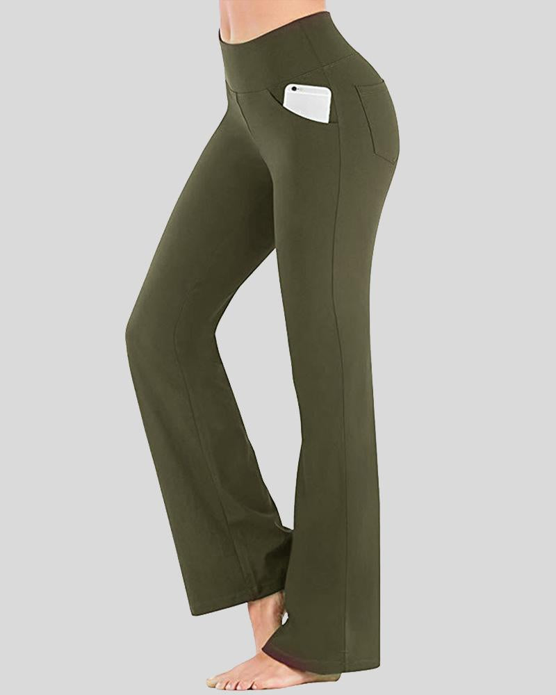 Pocket Detail Flare Leg High Waist Sports Pants For Women-Pinkami