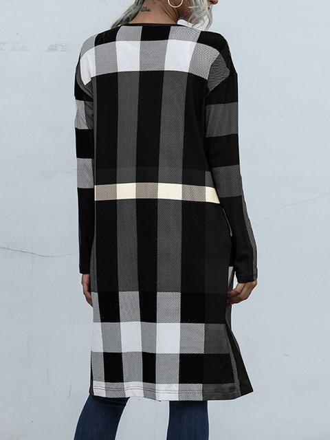 Plaid Print Long Cardigan Coat-Pinkami