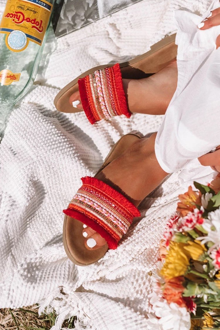 Fringe Folk Woven Flat Slide Sandals-Pinkami