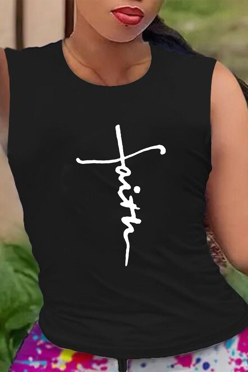 Letter Print Round Neck Tank Top-Pinkami