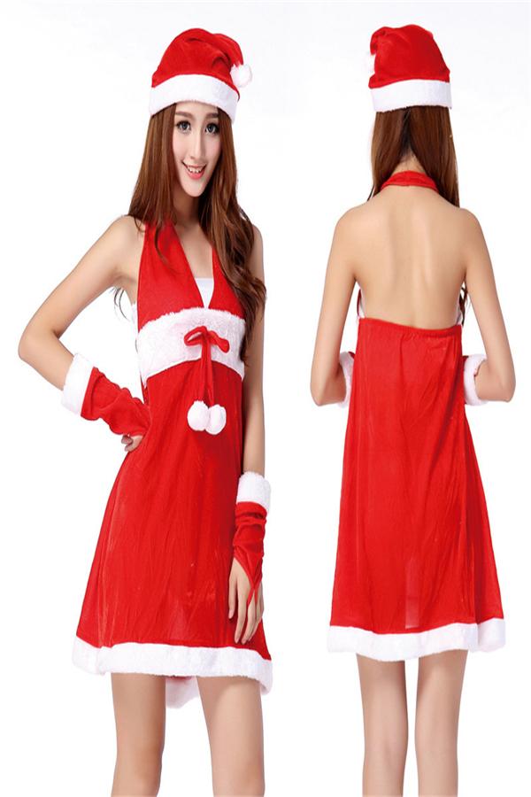 Sexy Halter Christmas Santa Costume Dress For Women Red-Pinkami