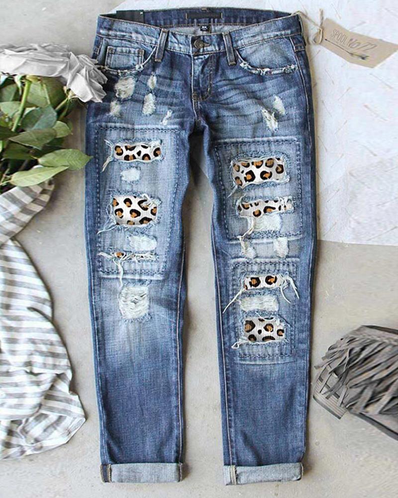 Women Ripped Plaid & Leopard Patch Insert Mid Waist Straight Leg Jeans-Pinkami