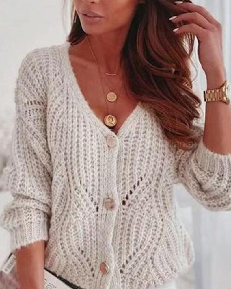 Button Detail Open Front Drop Bishop Sleeve Sweater-Pinkami