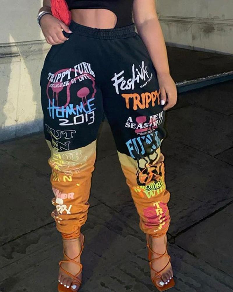 Colorblock & Graffiti Print Elastic Waist Pocket Detail Sports Pants For Women-Pinkami