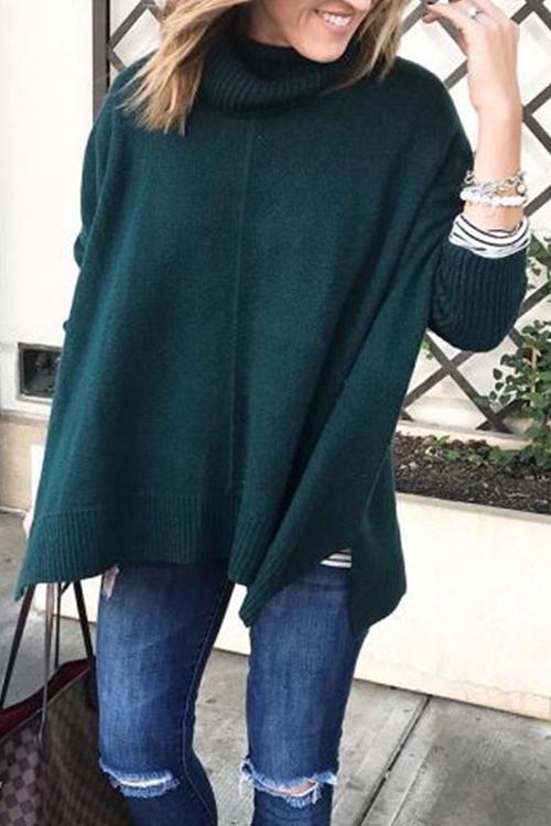 Long Sleeved High Neck Side Slit Sweater-Pinkami