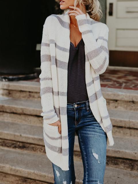 Stripe Splicing Knitted Sweater Cardigan-Pinkami