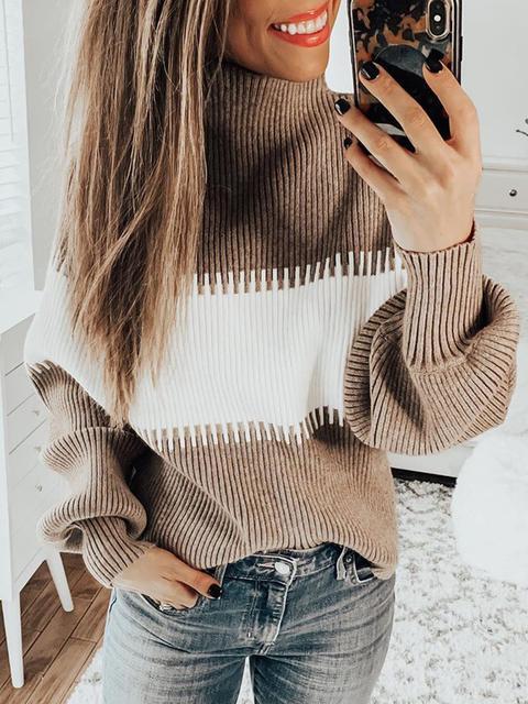 Casual Lantern Sleeve Knitted Sweater Pullover-Pinkami