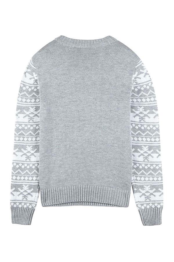 Women Crew Neck Reindeer Snowflake Ugly Christmas Sweater Gray-Pinkami