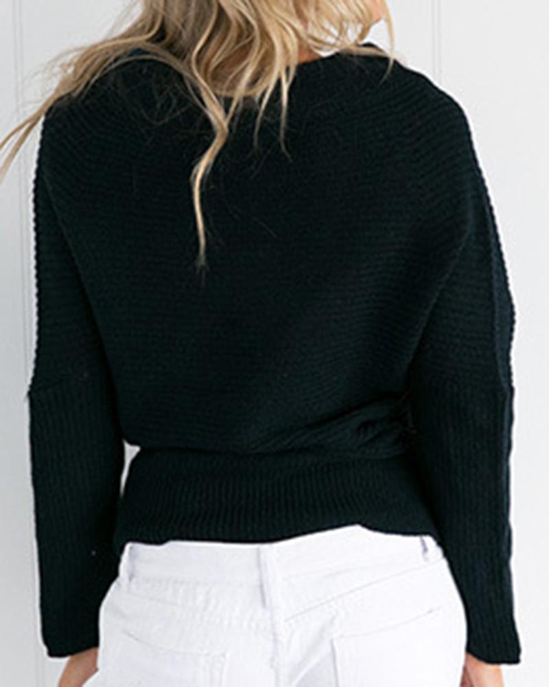 Solid Chunky Knit Ruched Surplice Neck Sweater-Pinkami