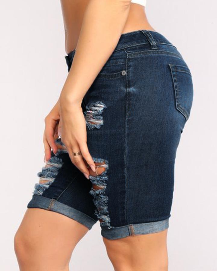 Women Ripped Zip Fly Pocket Detail Rolled Cuff Demin Shorts-Pinkami