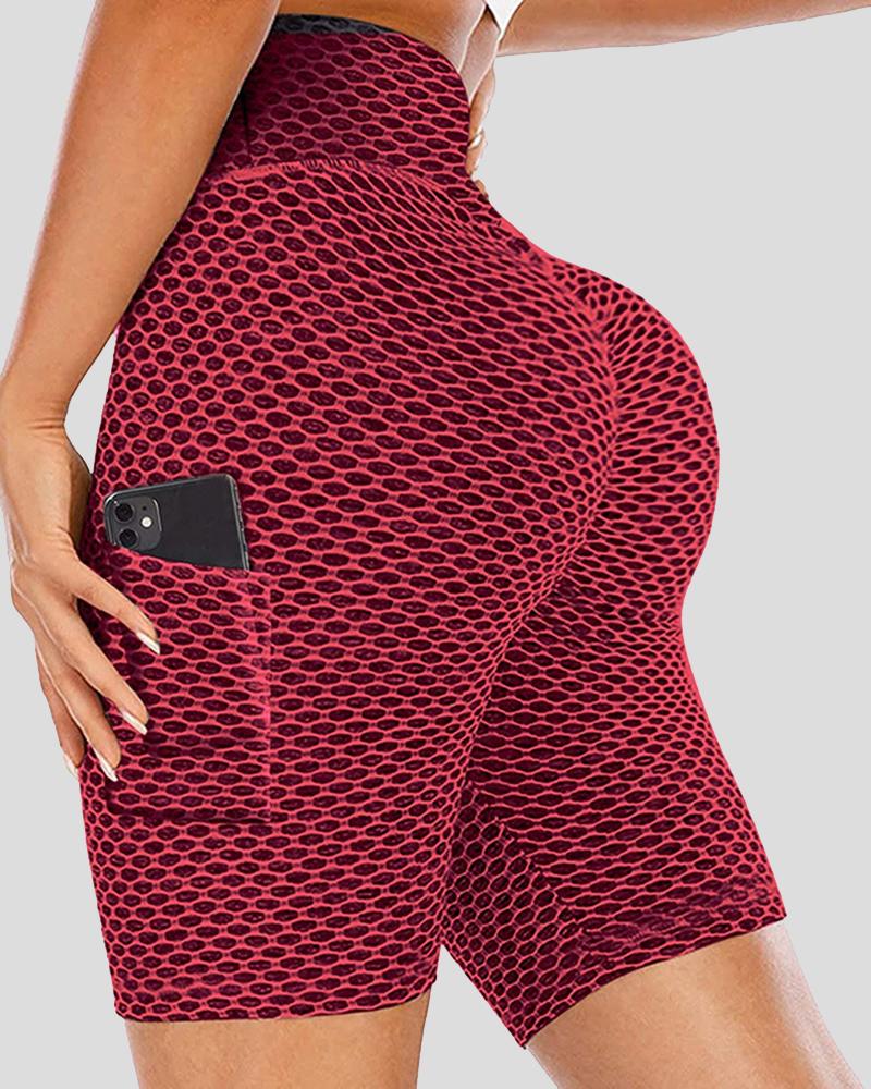 Solid Textured Pocket Decor Butt Lifting Sports Shorts-Pinkami