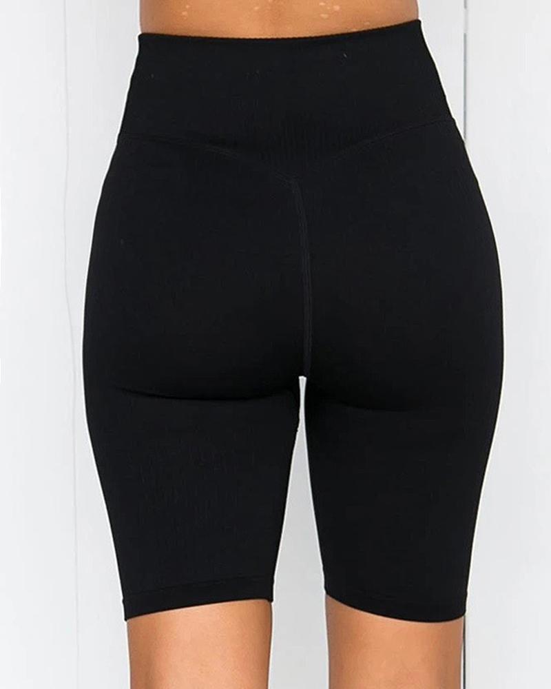 Rib-knit Wide Waistband Butt Lifting Sports Shorts-Pinkami