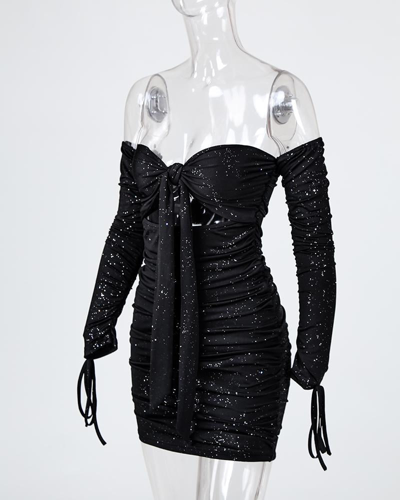 Glitter Off Shoulder Ruched Bodycon Dress