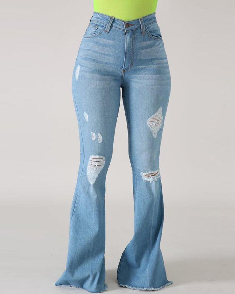 Women High Waist Ripped Flare Leg Jeans-Pinkami