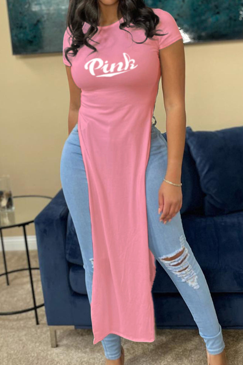 Letter Print Split Side Longline Top-Pinkami