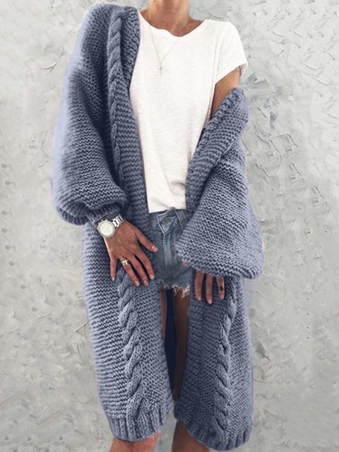 Collarless Knitted Cardigan Long Coat-Pinkami