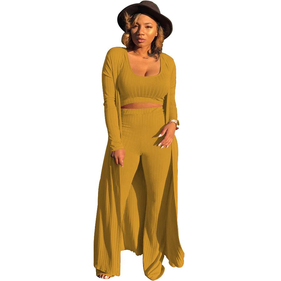 Scoop Neck Ribbed Wide Leg Cardigan & Top & Pants Set