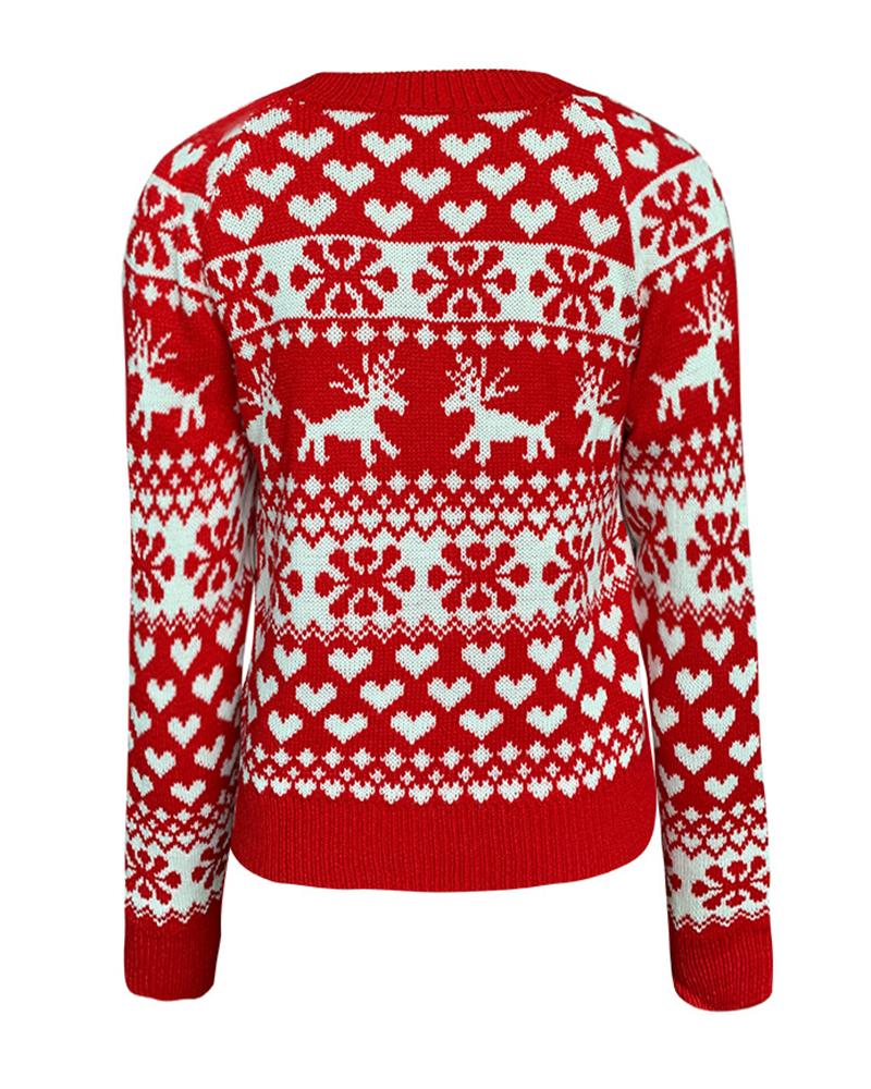 Elk & Snowflake Print Contrast Binding Ribbed Sweater-Pinkami