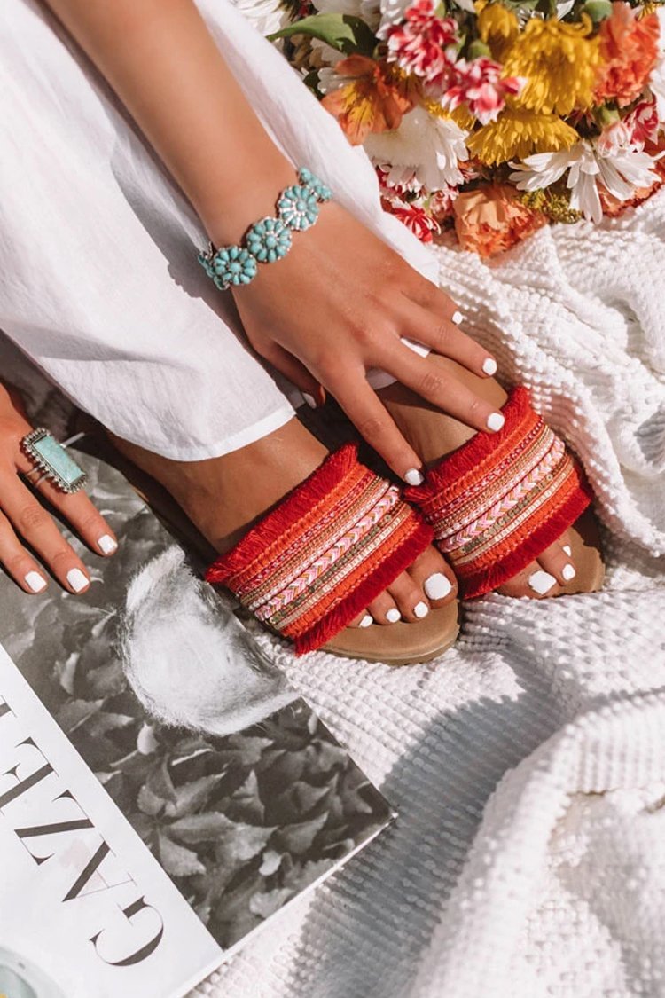 Fringe Folk Woven Flat Slide Sandals-Pinkami