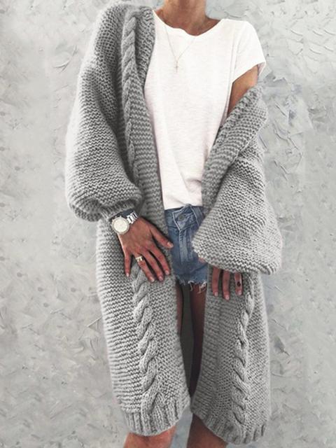 Collarless Knitted Cardigan Long Coat-Pinkami