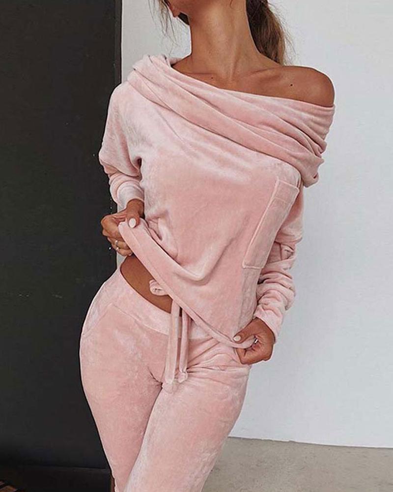 Solid Velvet Drawstring Boat Neck Top & Pants Set-Pinkami