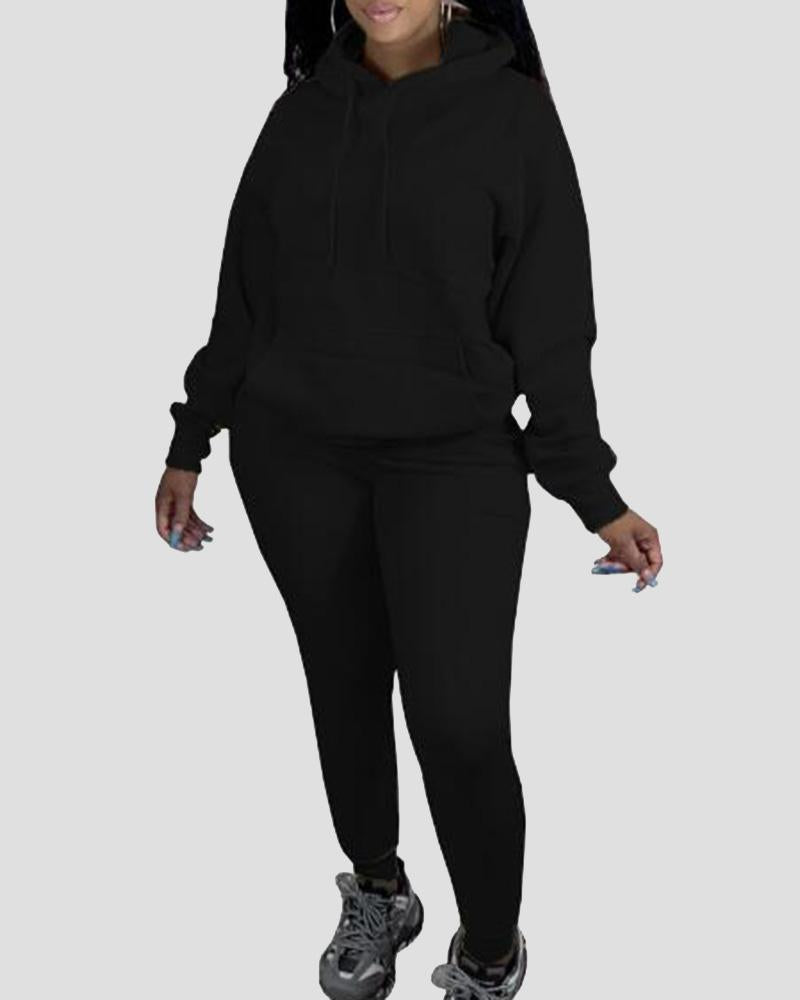 Solid Kangaroo Pocket Drawstring Hoodie & Pants Set-Pinkami