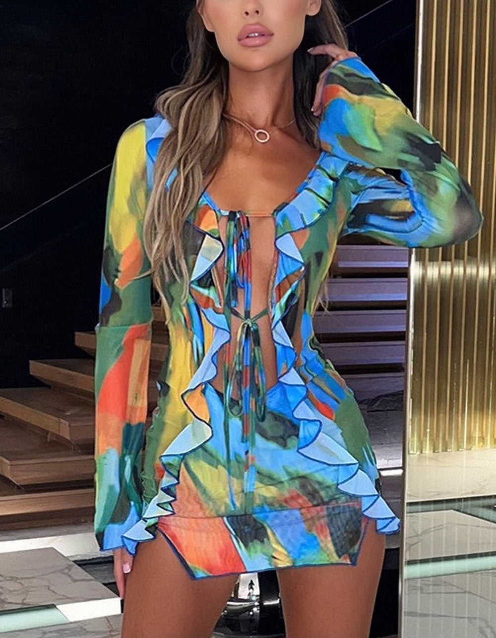 Printed Long Sleeve High Waist Short Hottie Bodycon Dresses