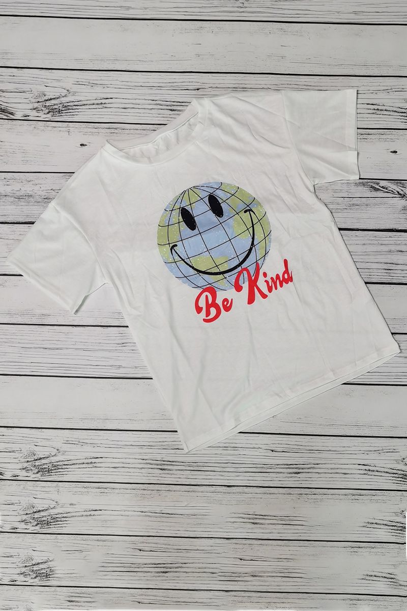 Smile Face & Letter Print Round Neck T-Shirt-Pinkami