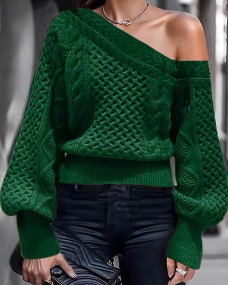 Solid Mixed Knit Lantern Sleeve Asymmetrical Neck Sweater-Pinkami