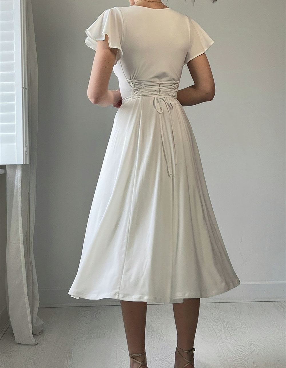 Solid-color U Neck Flutter Sleeve Midi A-Line Dresses