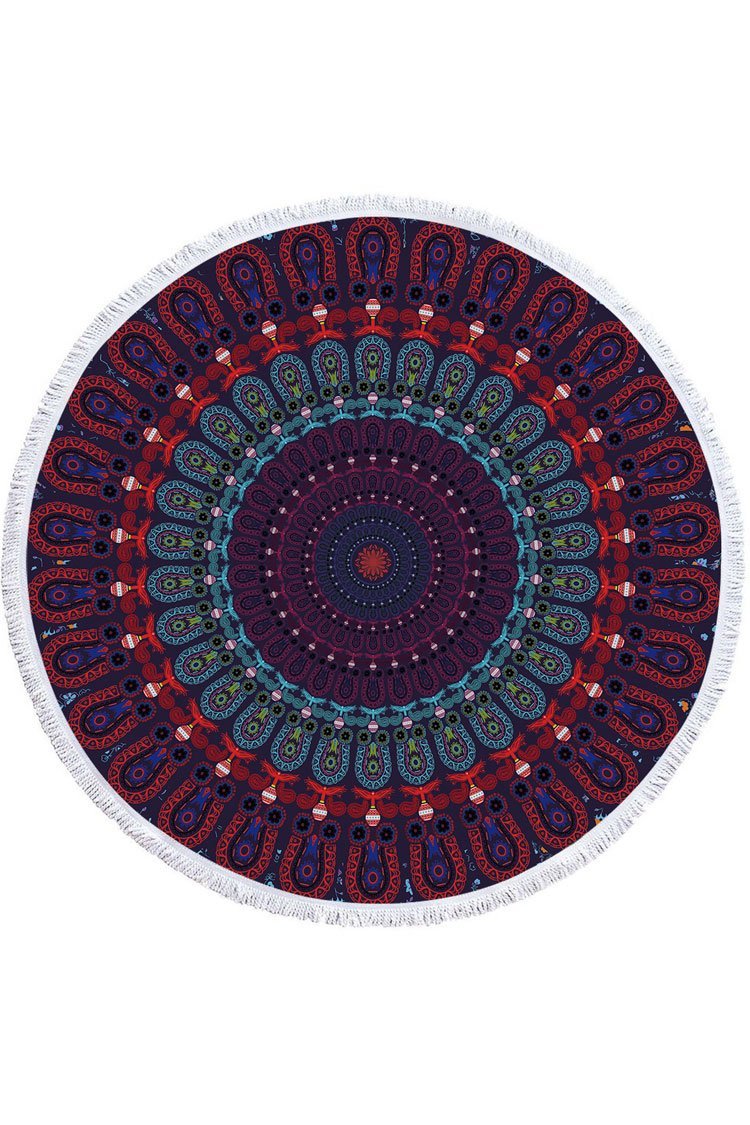 Fluffy Boho Floral Tassel Trim Beach Towel-Pinkami