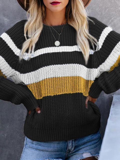 Striped Round Neck Pullover Sweater-Pinkami